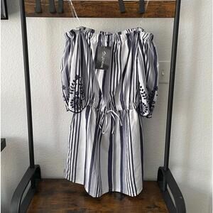 Style House Dress Size XL Blue White Stripe Floral embroidery lace With Pockets